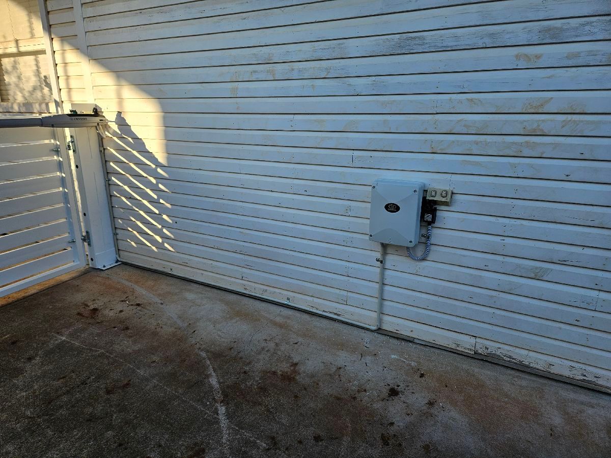 after Dover White Powder-coated Steel Swing Gate – Gate + Motor (Swing Toward Shed), Centenary Heights