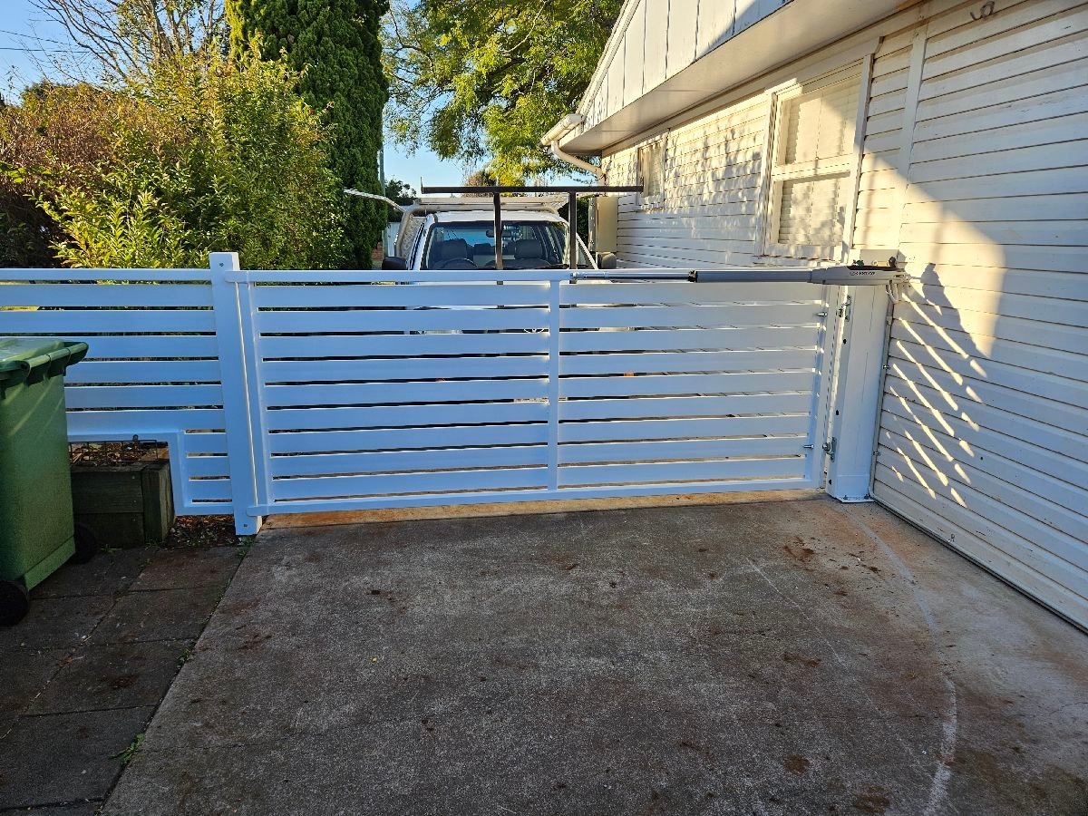 after Dover White Powder-coated Steel Swing Gate – Gate + Motor (Swing Toward Shed), Centenary Heights