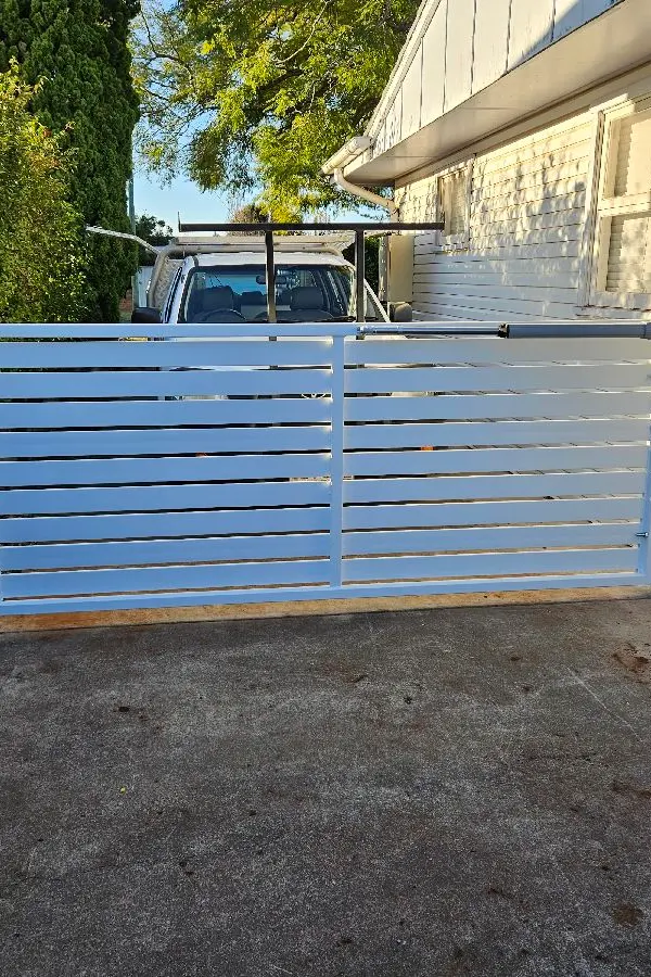 after Dover White Powder-coated Steel Swing Gate – Gate + Motor (Swing Toward Shed), Centenary Heights