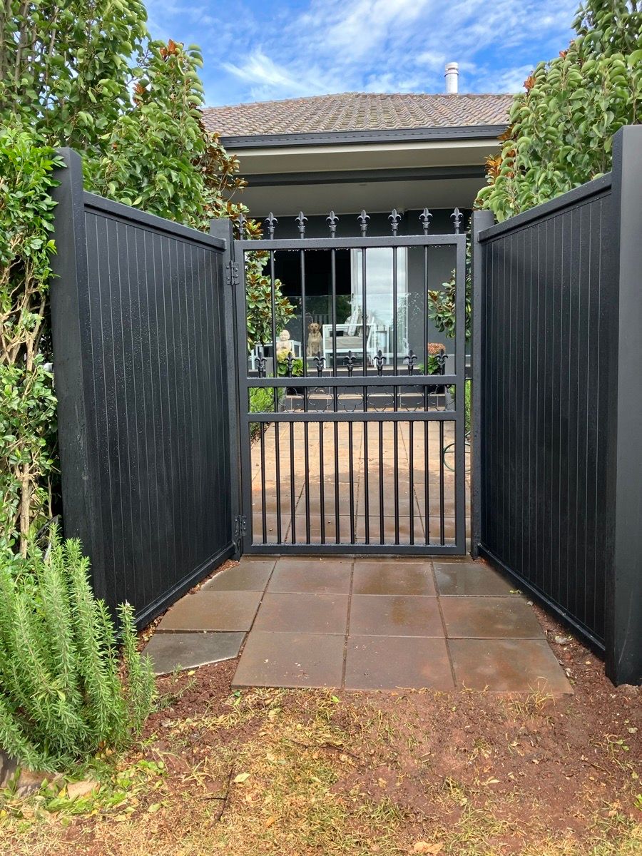 after Black Powder-coated Aluminium Swing Gate – PA Gate + Infill Panels, Prince Henry Heights