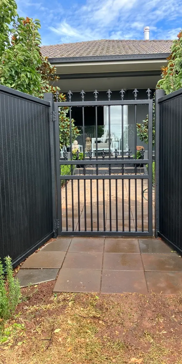 after Black Powder-coated Aluminium Swing Gate – PA Gate + Infill Panels, Prince Henry Heights