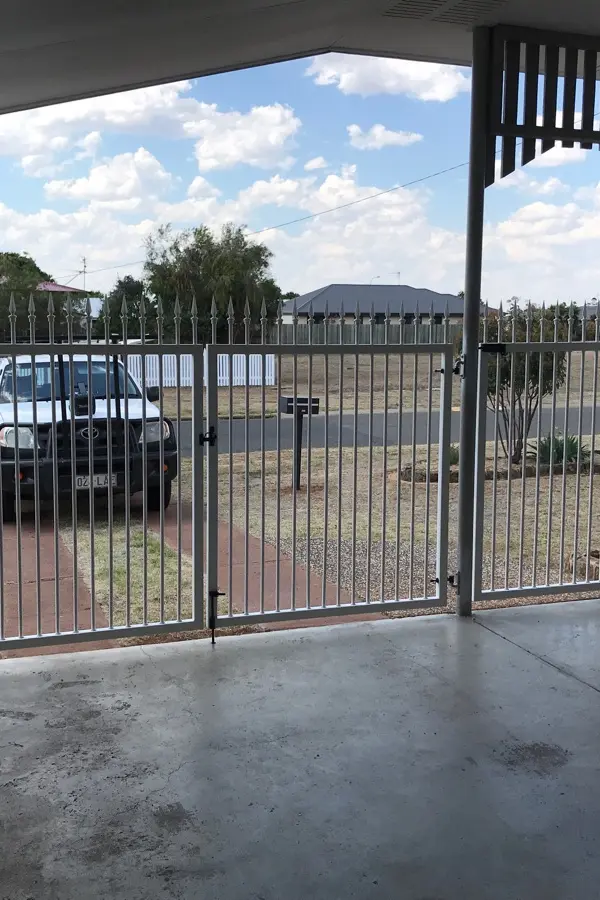after White Powder-coated Aluminium Swing Gate – 2 x swing Gate + PA Gate, Oakey
