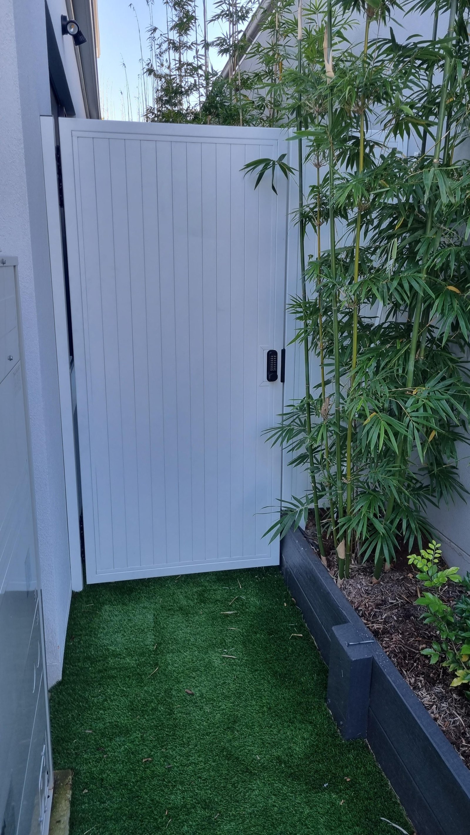 after Manex White Powder-coated Aluminium Swing Gate – PA Gate + Infill Panel, East Toowoomba