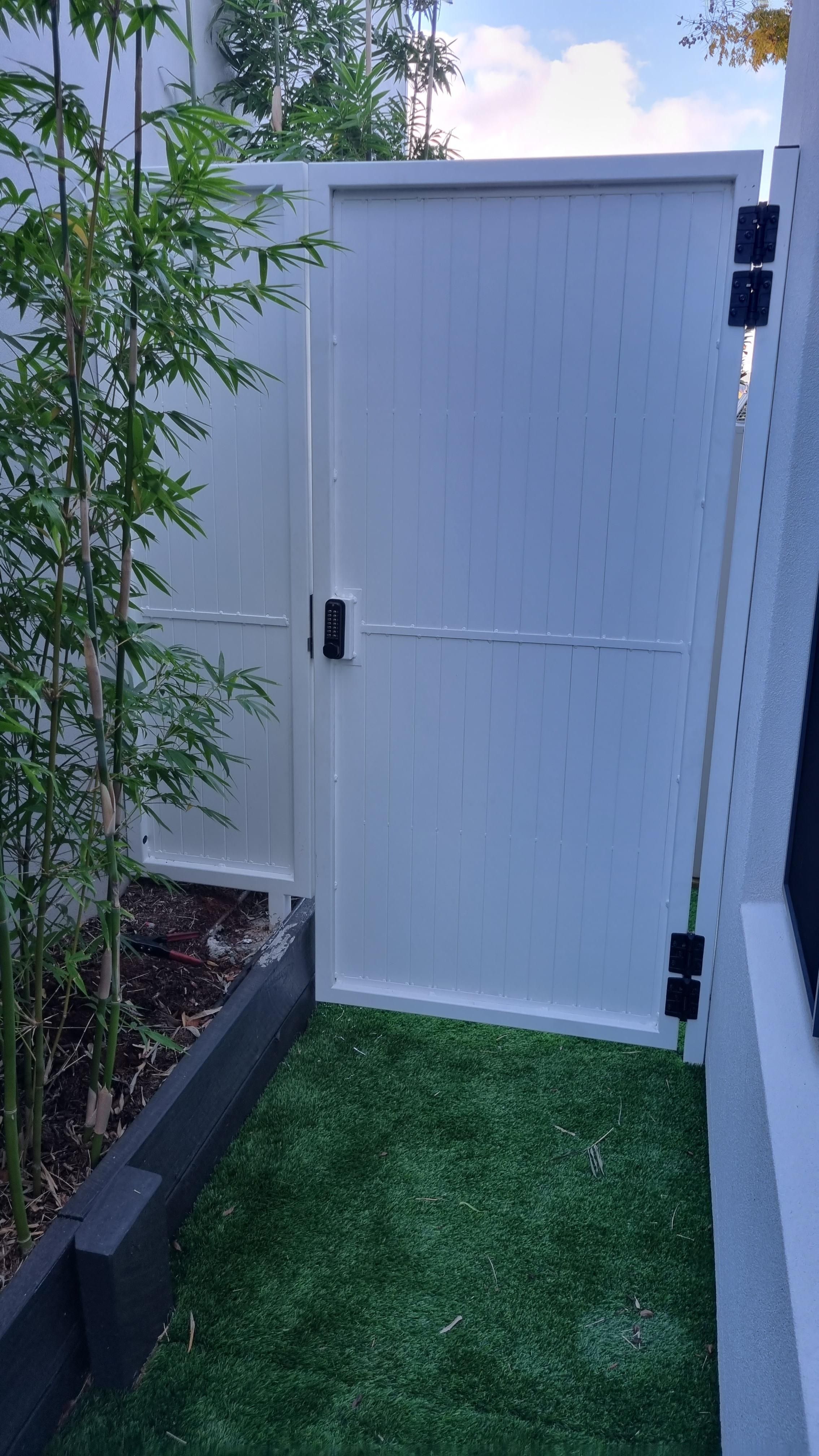 after Manex White Powder-coated Aluminium Swing Gate – PA Gate + Infill Panel, East Toowoomba