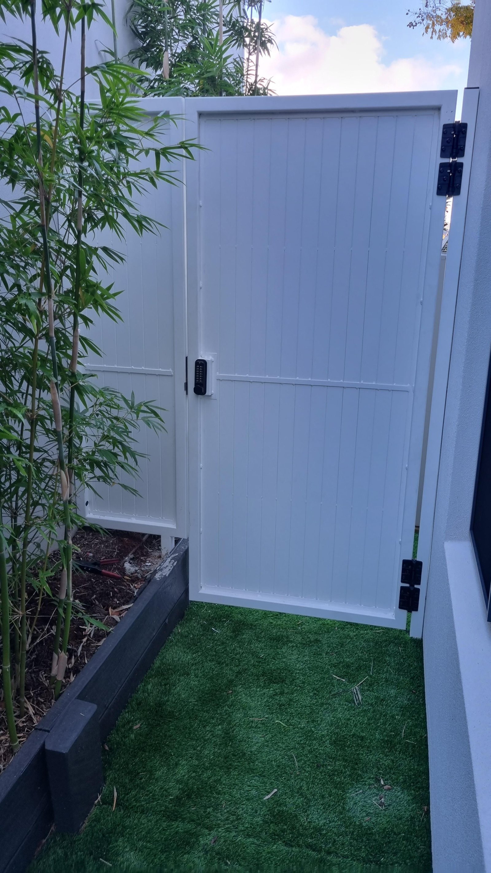 after Manex White Powder-coated Aluminium Swing Gate – PA Gate + Infill Panel, East Toowoomba