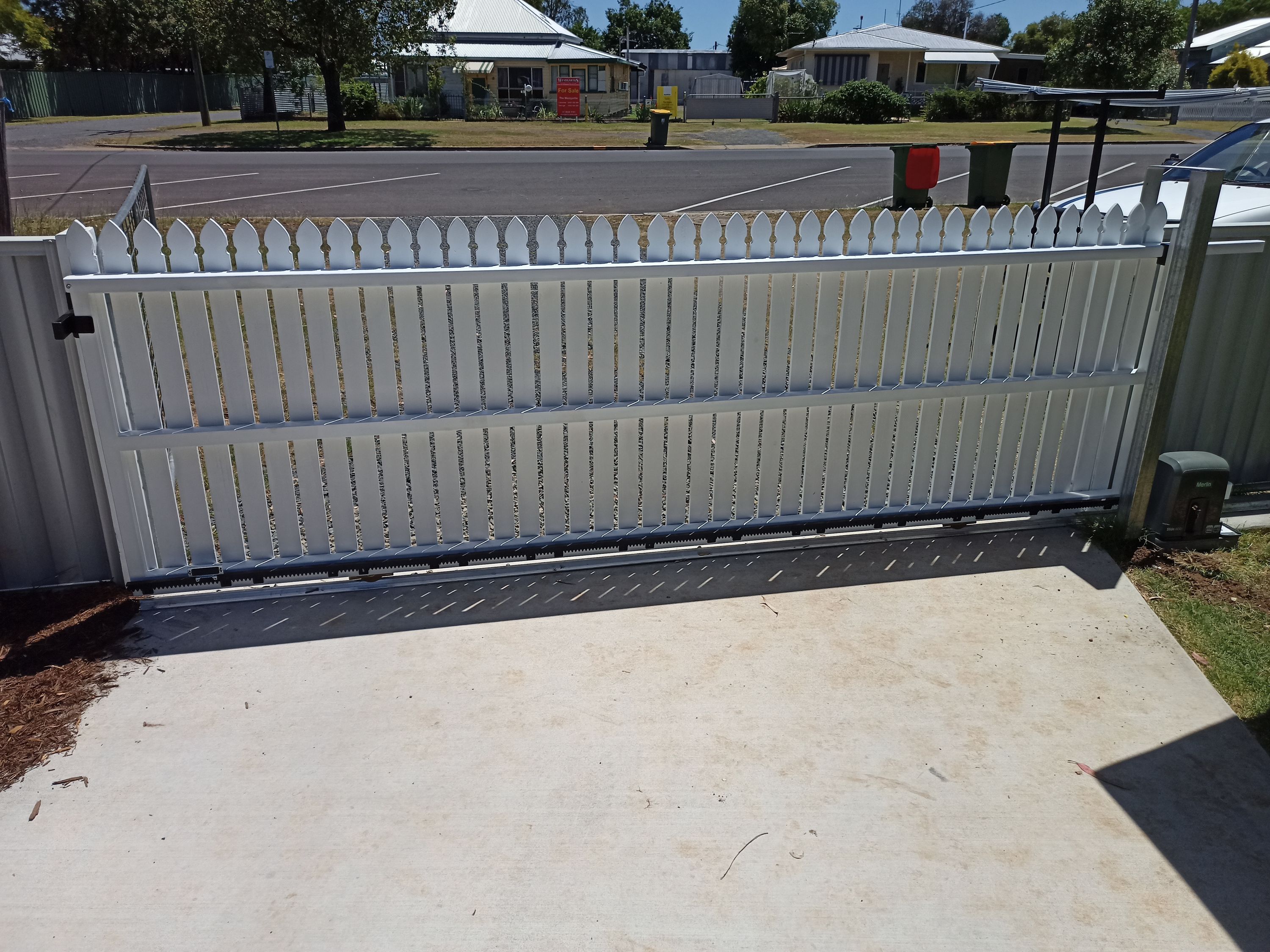 after White Powder-coated Steel + Timber Palings Sliding Gate – Steel Frame, Oakey