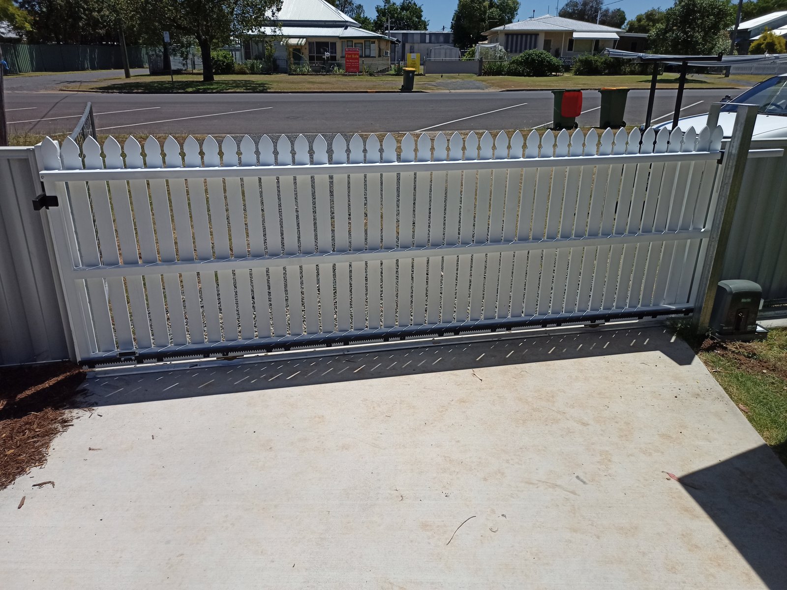 after White Powder-coated Steel + Timber Palings Sliding Gate – Steel Frame, Oakey