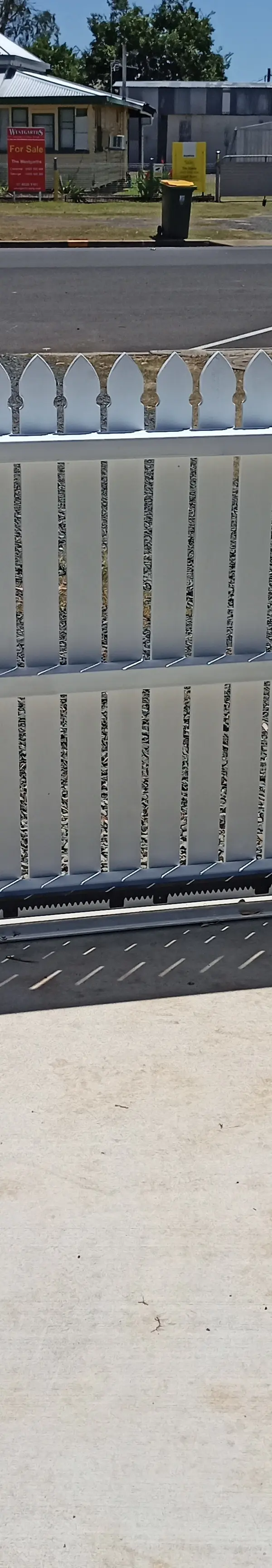 after White Powder-coated Steel + Timber Palings Sliding Gate – Steel Frame, Oakey
