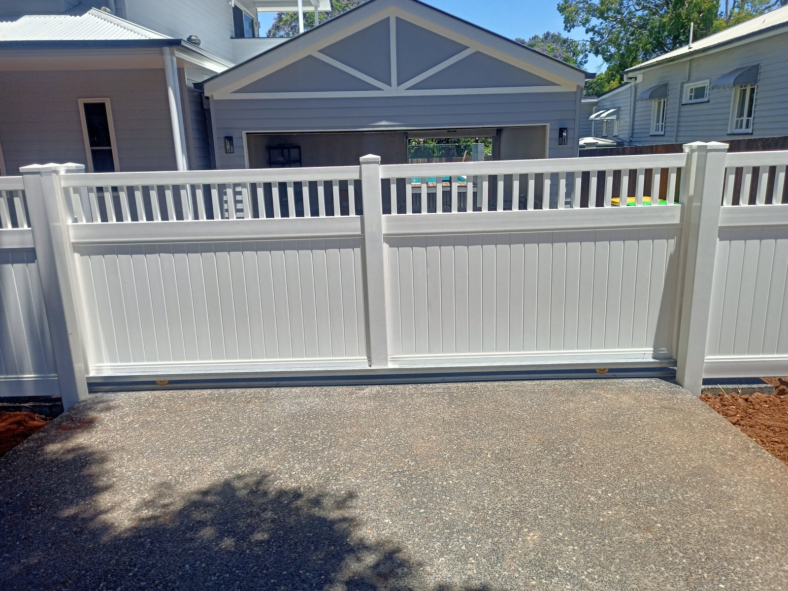 after White Galvanised + PVC Sliding Gate – Gate frame + Post PVC slider, East Toowoomba