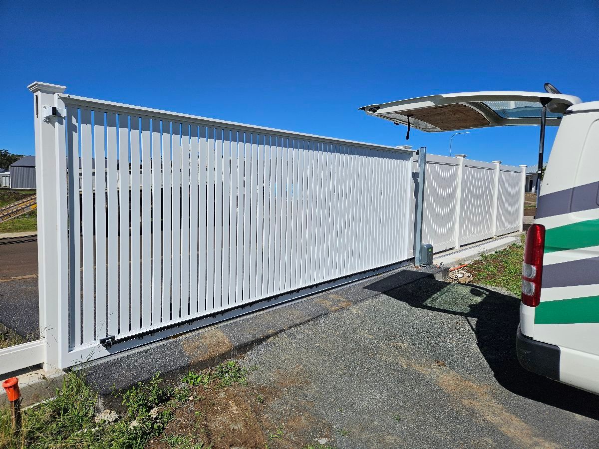 after Pro Texture White Powder-coated Aluminium Sliding Gate – Gate + Motor, Highfields