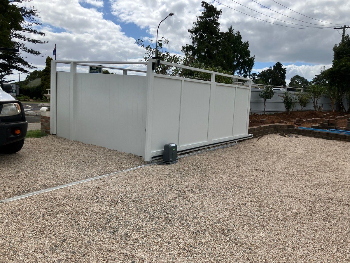 after White Powder-coated Aluminium Sliding Gate – Sliding Gate Motor, East Toowoomba