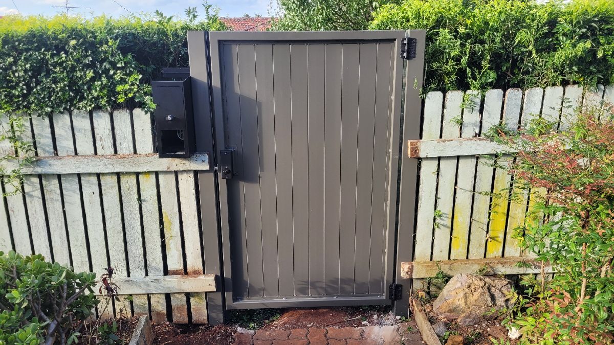 after Woodland Grey Powder-coated Aluminium Swing Gate – Gate Quote, Centenary Heights