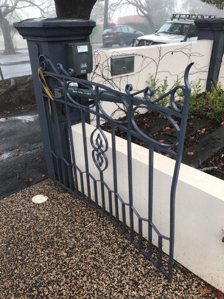 before Black Powder-coated Aluminium Swing Gate – Re-install gate and motor, East Toowoomba