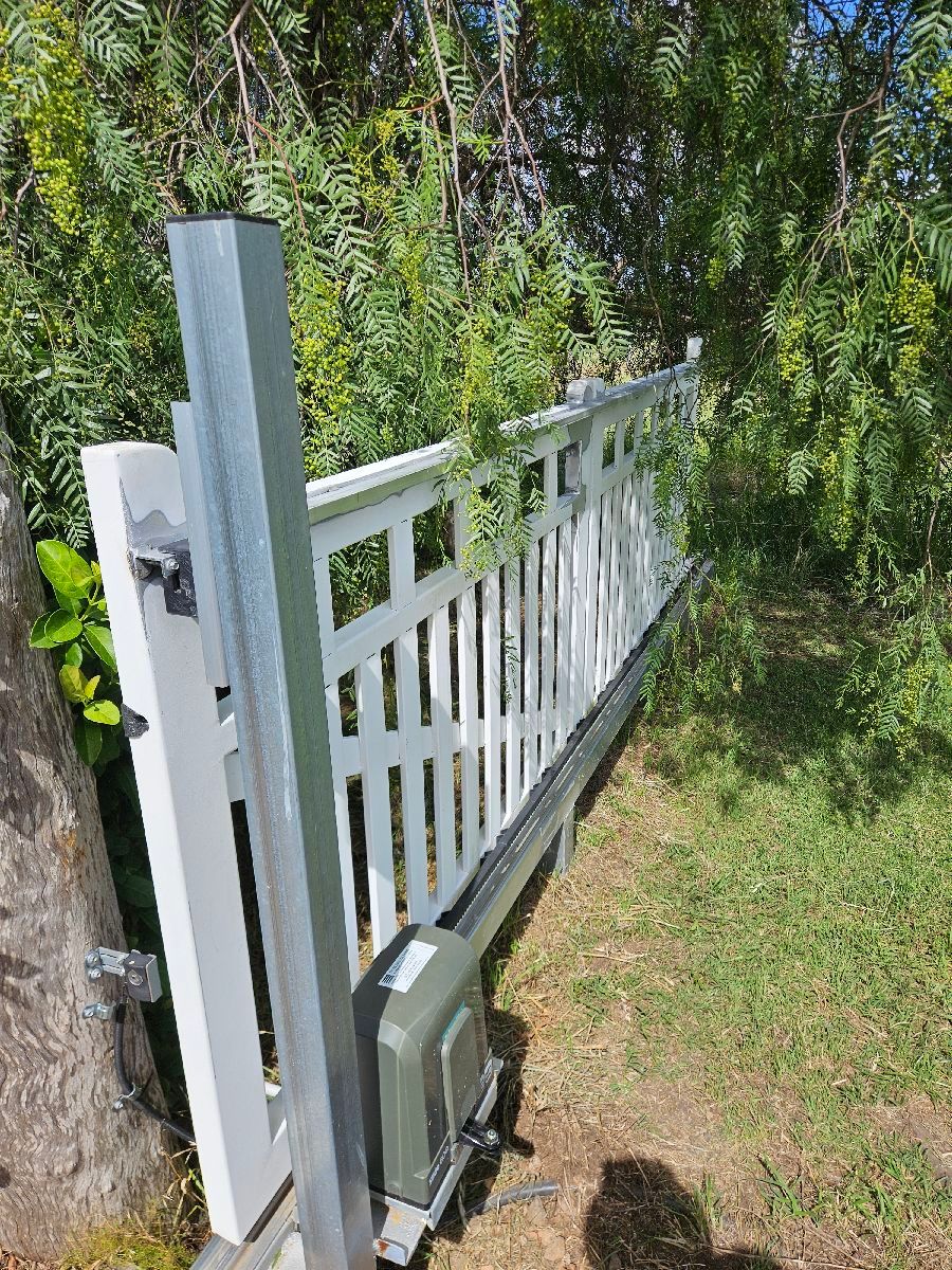 before White Powder-coated Steel Sliding Gate – Gate Vehicle Impact, Wyreema