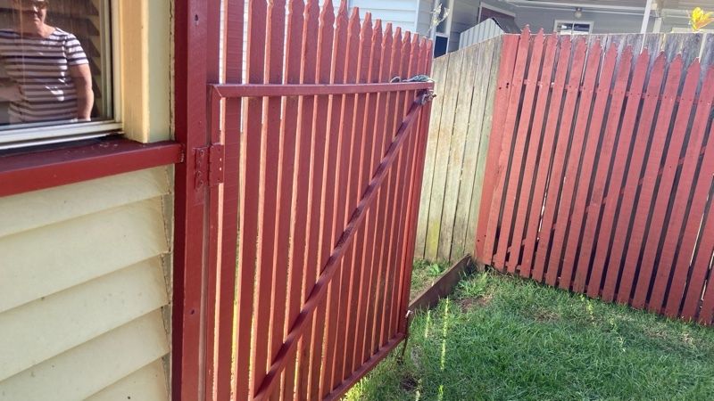 before Manor Red Timber Swing Gate – Aluminium Swing Gate + Motor, Mount Lofty