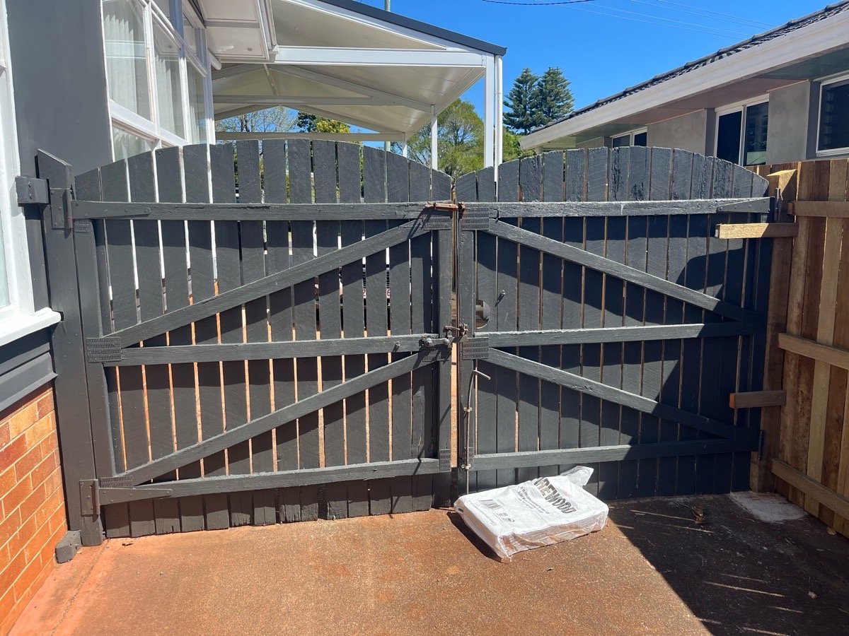 before Dark Blue Timber Swing Gate – Double Swing Gate, Mount Lofty