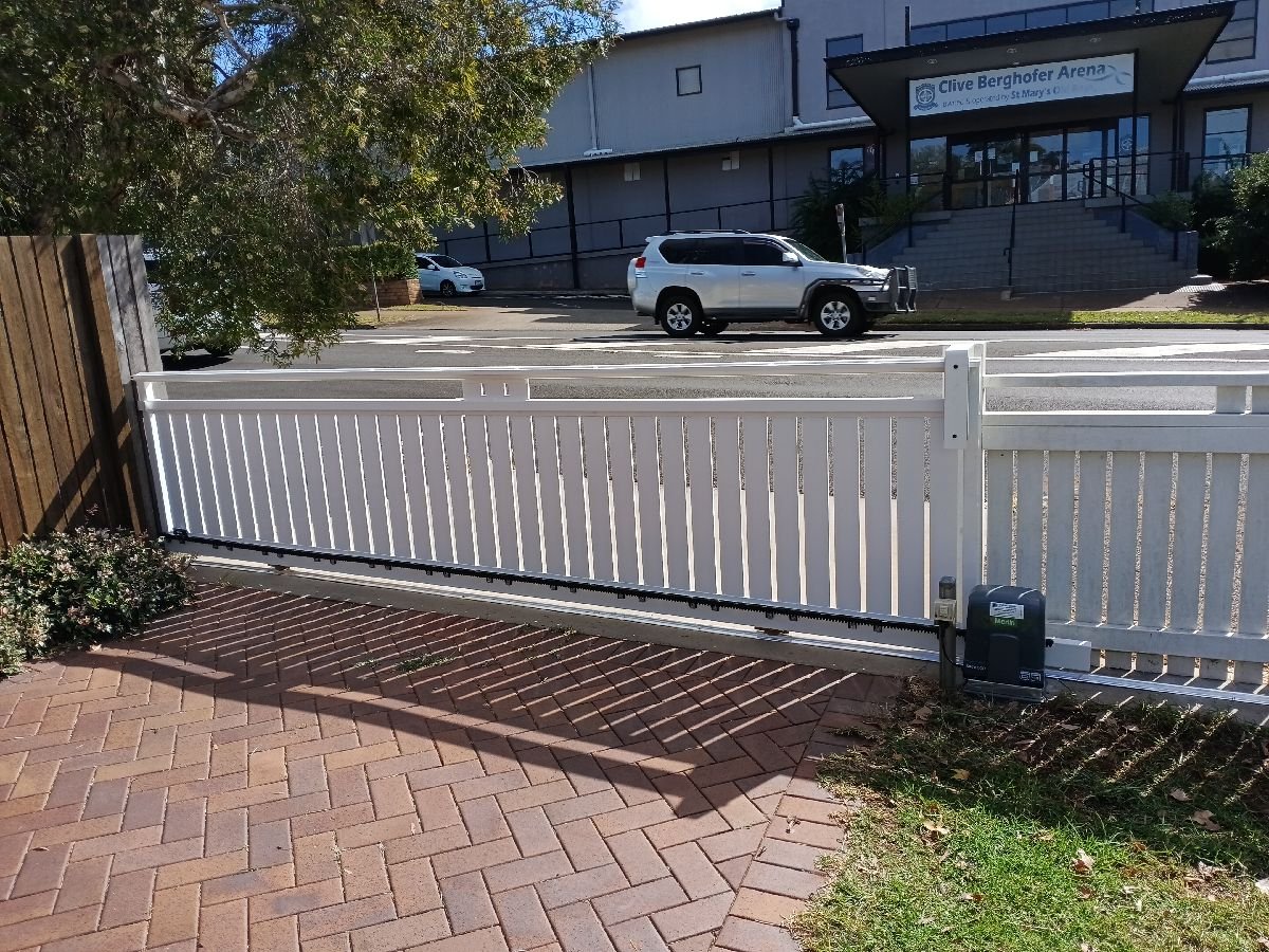 before White Timber Sliding Gate – Slide Gate & Motor, Newtown