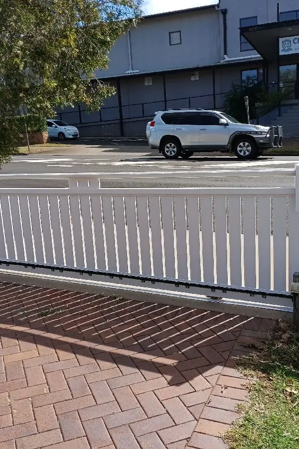 before White Timber Sliding Gate – Slide Gate & Motor, Newtown