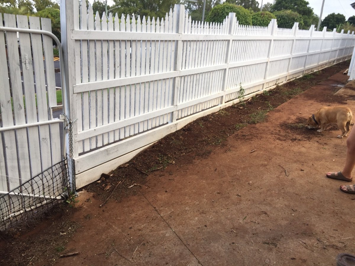 before White Powder-coated Aluminium + Timber Palings Sliding Gate – Slide Gate + Motor, North Toowoomba
