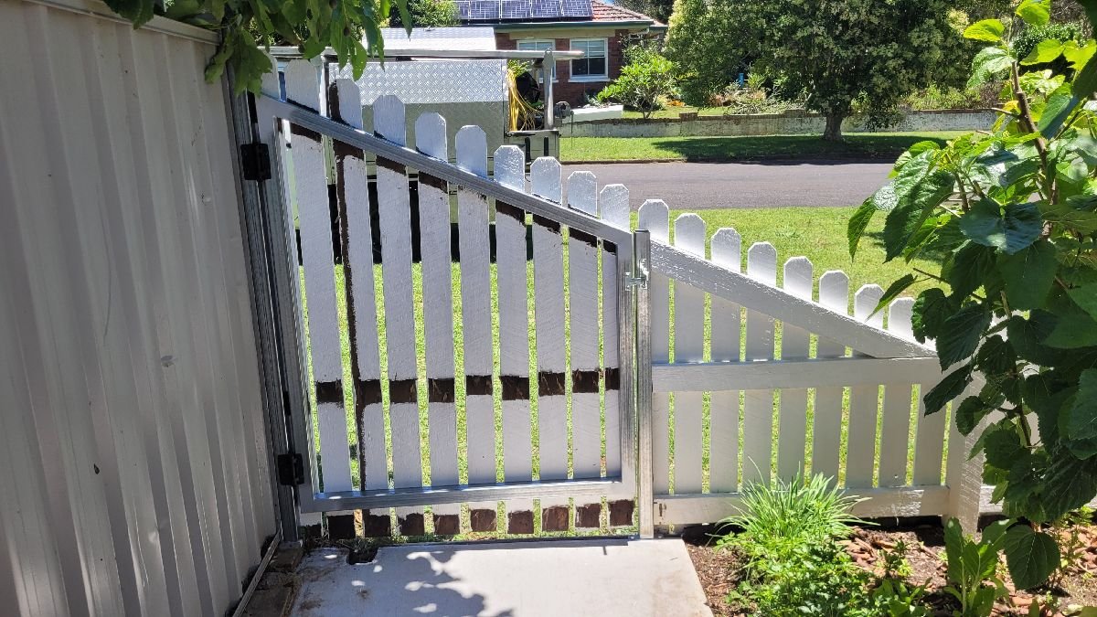 in progress White + Galvanised Timber + Galvanised Frame Swing Gate – PA Gate, South Toowoomba