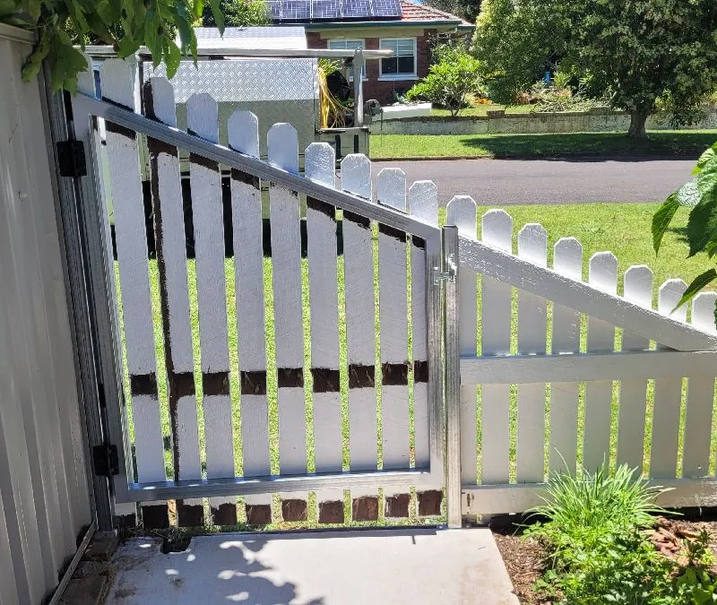 in progress White + Galvanised Timber + Galvanised Frame Swing Gate – PA Gate, South Toowoomba