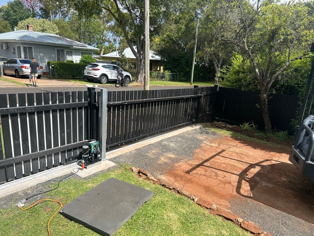 in progress Black Powder-coated Steel Sliding Gate – Slide Gate + Motor, South Toowoomba