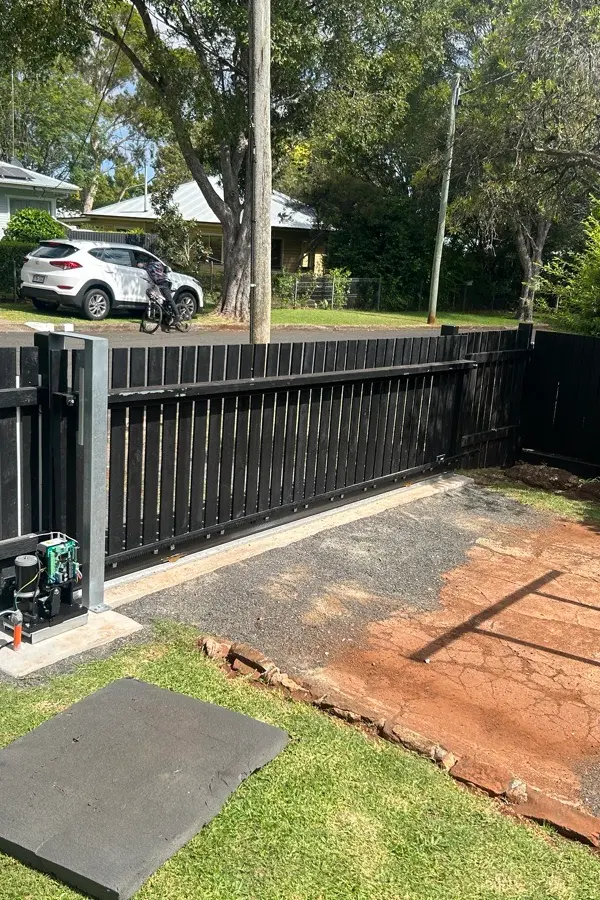 in progress Black Powder-coated Steel Sliding Gate – Slide Gate + Motor, South Toowoomba