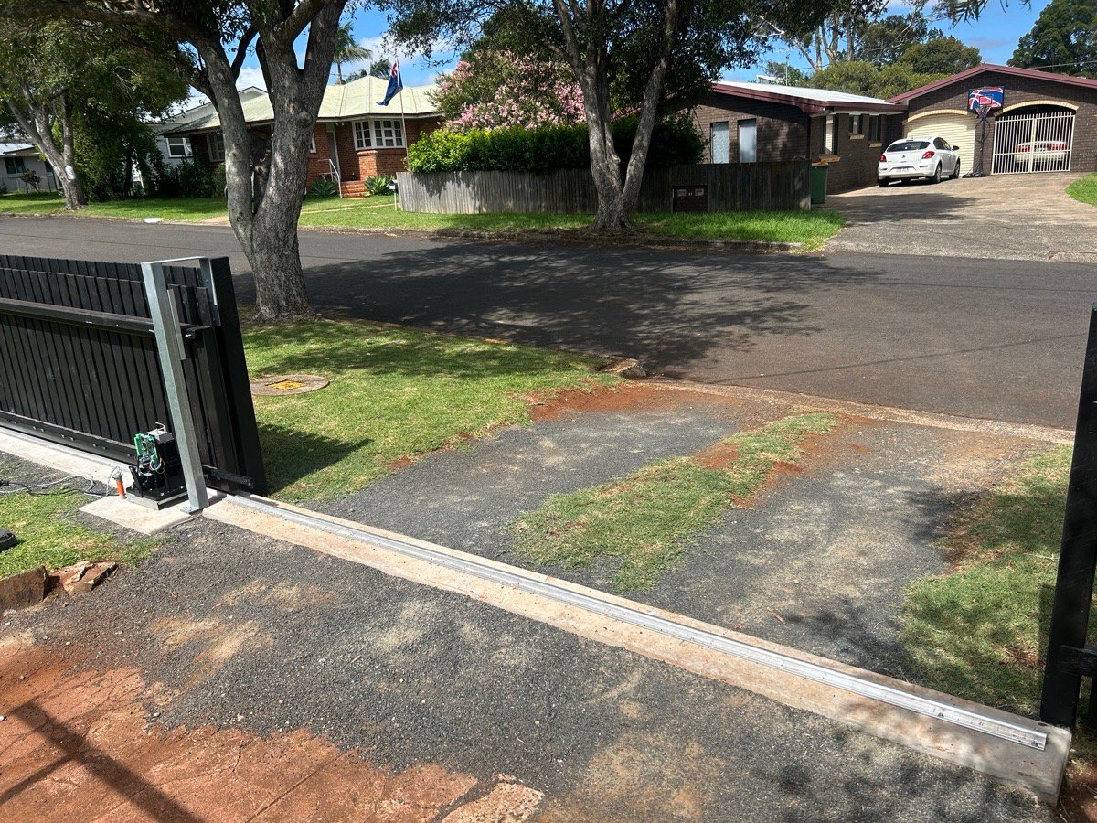 in progress Black Powder-coated Steel Sliding Gate – Slide Gate + Motor, South Toowoomba