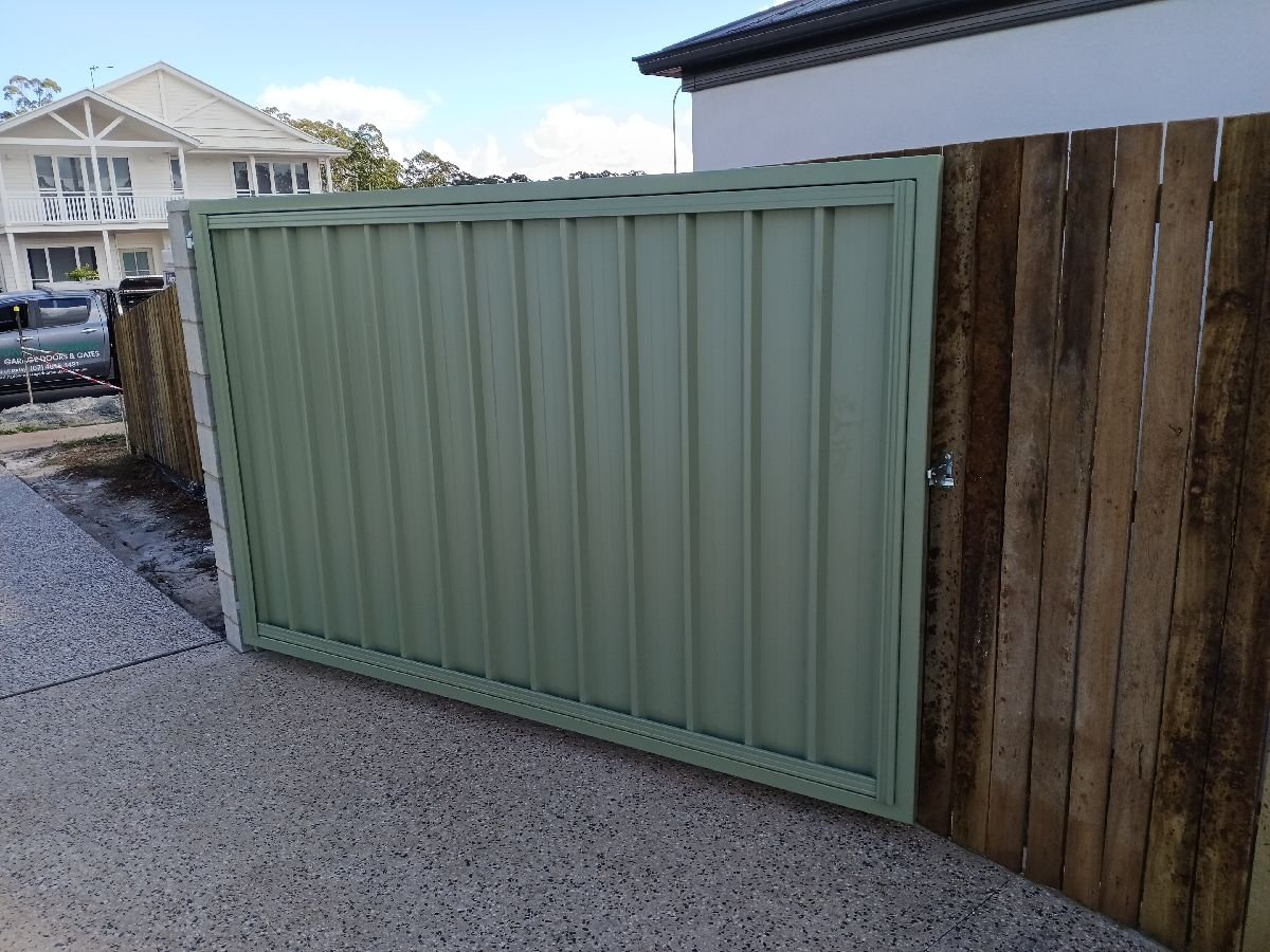 in progress Pale Green Colorbond Steel + Powder-coated Frame Swing Gate – Side Gates, Highfields