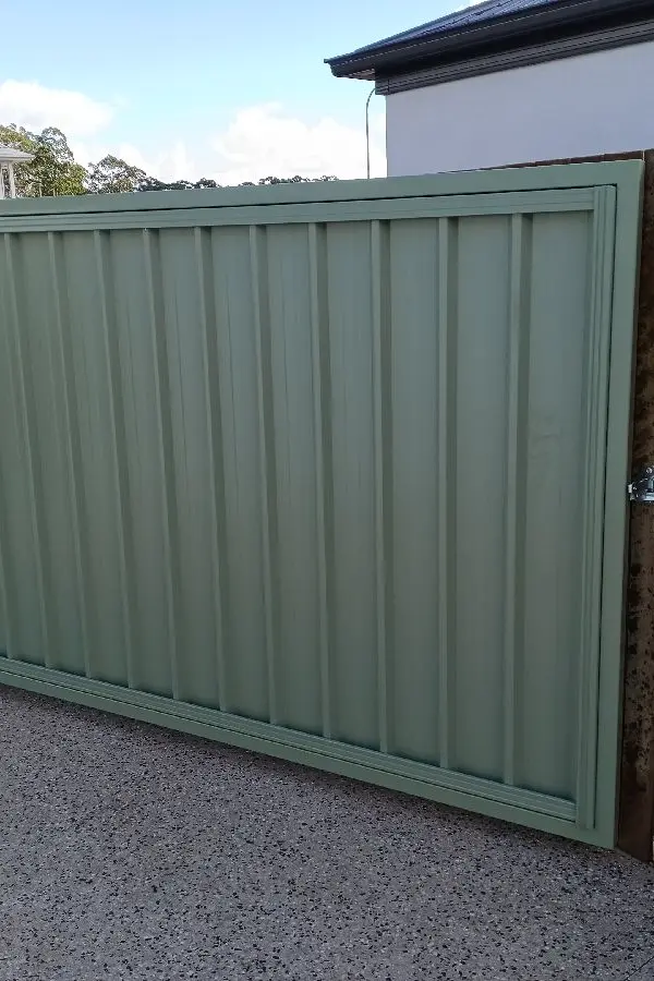 in progress Pale Green Colorbond Steel + Powder-coated Frame Swing Gate – Side Gates, Highfields