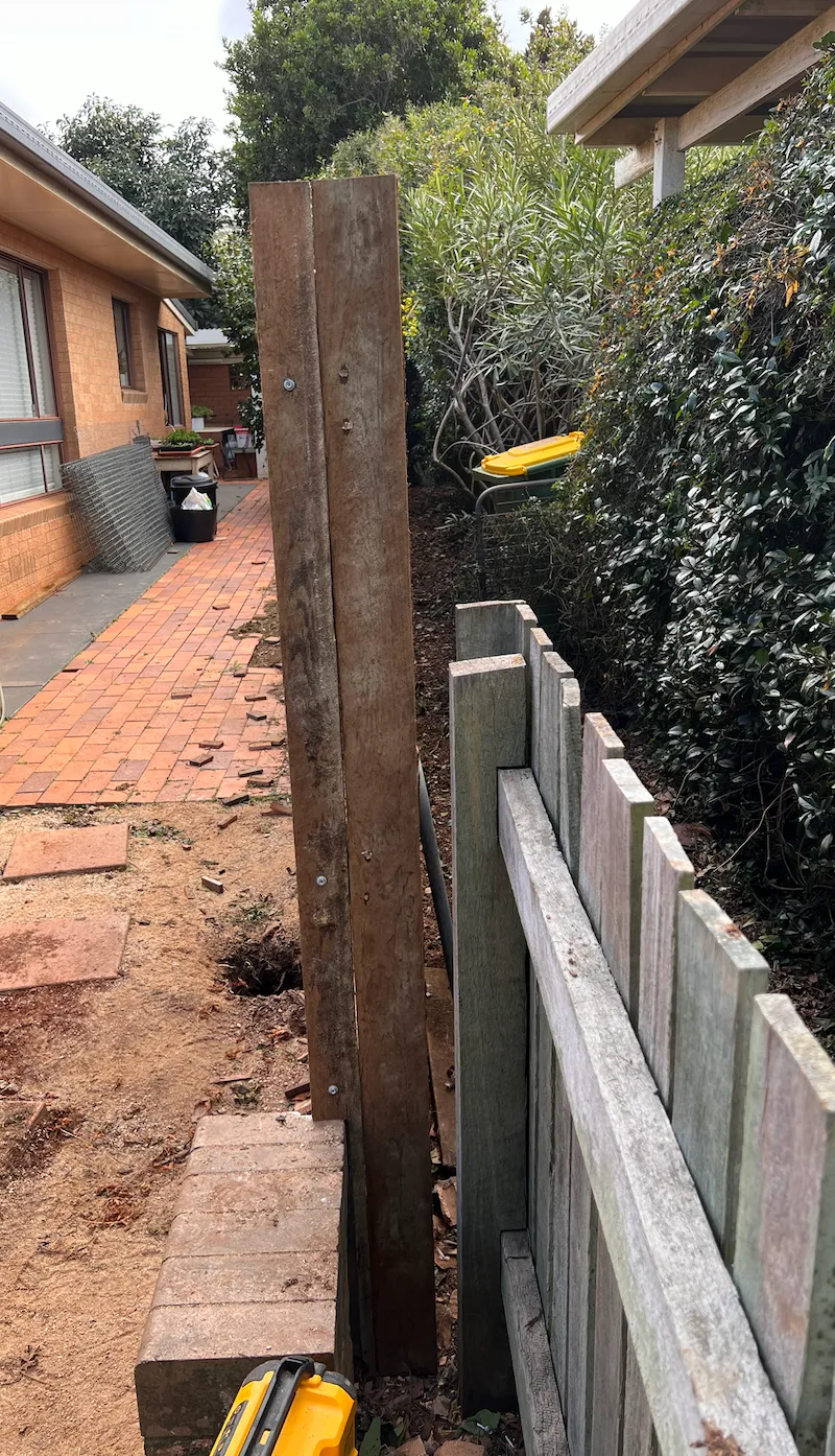 in progress Wood-look Timber + Galvanised Steel Posts Custom Door – Side Fencing, Rangeville