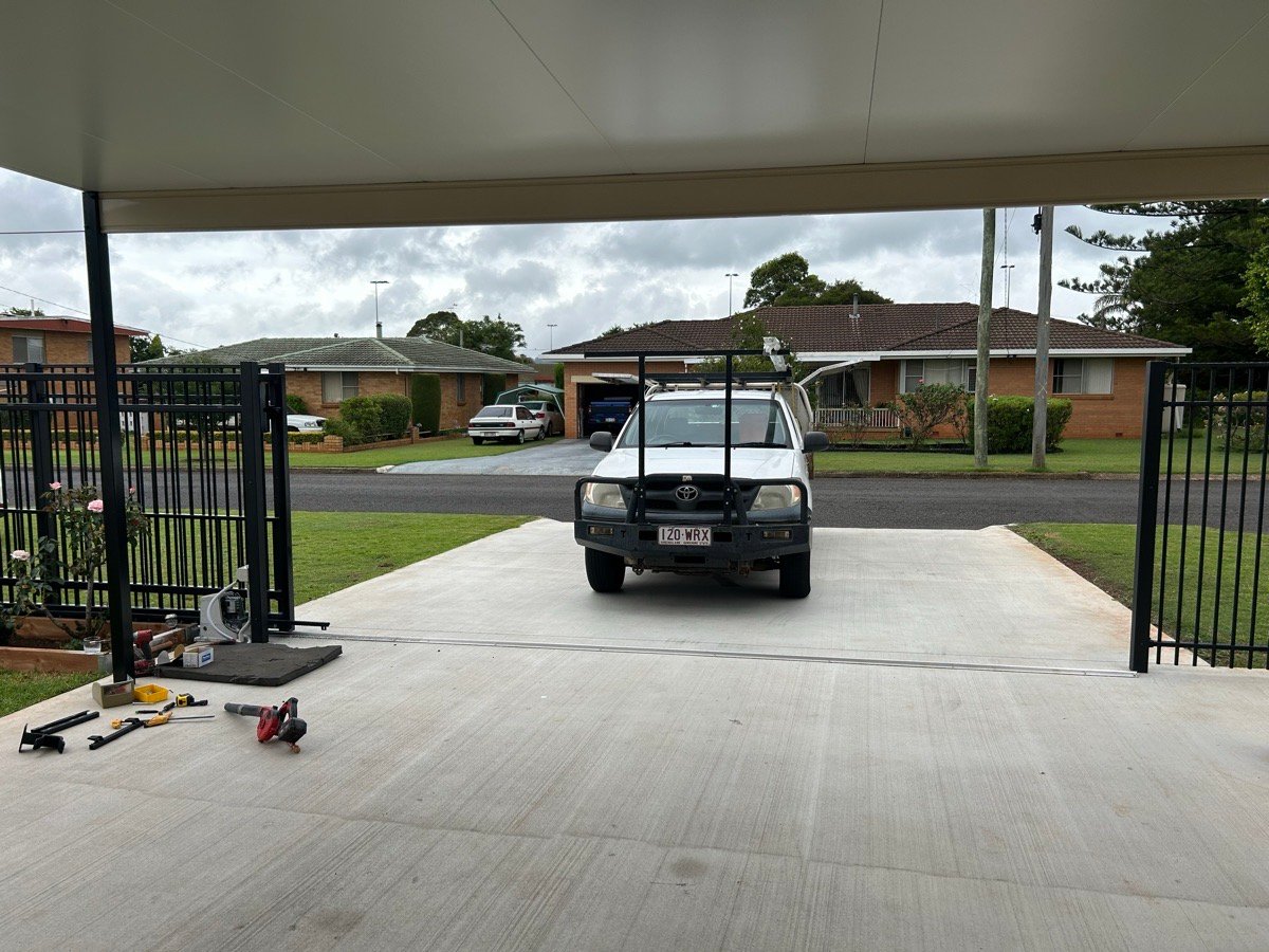 in progress Black Powder-coated Steel Sliding Gate – Fence Panels + Install customer supplied gate, Wilsonton